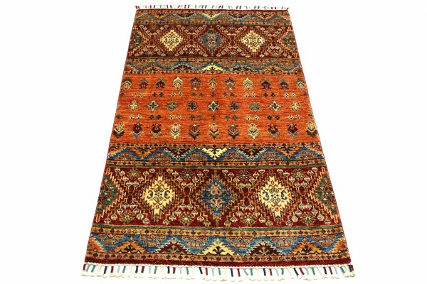 Afghan Ziegler Khorjin 145x105 Handgeknüpft Orientteppich 110x150 Rot Streifen Wolle