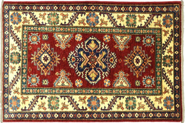 Afghan Kazak Fein 121x80 Handgeknüpft Orientteppich 80x120 Rot Umrandung Wolle Kurzflor