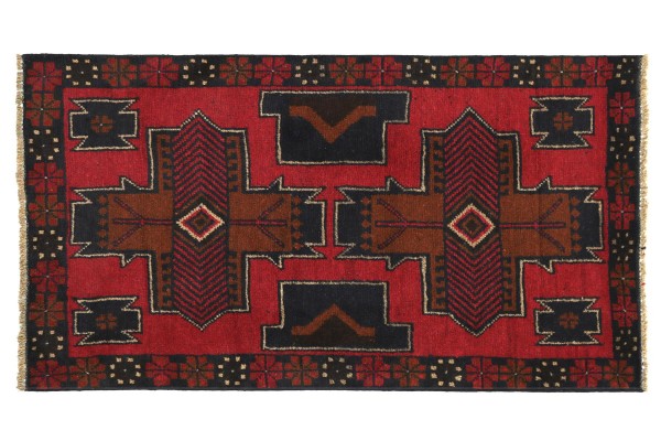 Afghan Belutsch 130x80 Handgeknüpft Teppich 80x130 Rot Geometrisch Muster Kurzflor