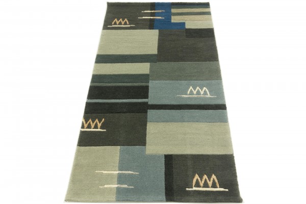 Nepal 161x90 Handgeknüpft Teppich 90x160 Grau Geometrisch Muster Kurzflor Orient Rug