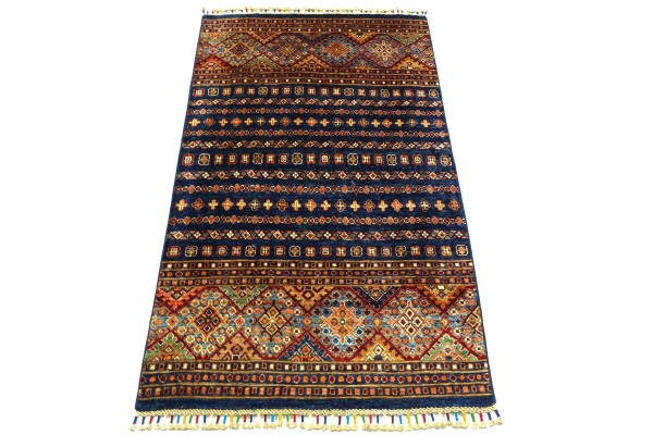 Afghan Ziegler Khorjin 149x102 Handgeknüpft Orientteppich 100x150 Blau Wolle Kurzflor