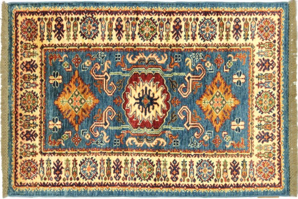 Afghan Super Kazak 129x80 Handgeknüpft Orientteppich 80x130 Blau Geometrisch Wolle