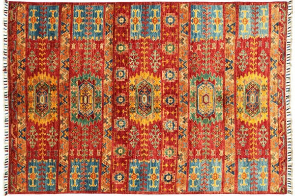 Afghan Ziegler Khorjin 199x150 Handgeknüpft Orientteppich 150x200 Rot Streifen Wolle