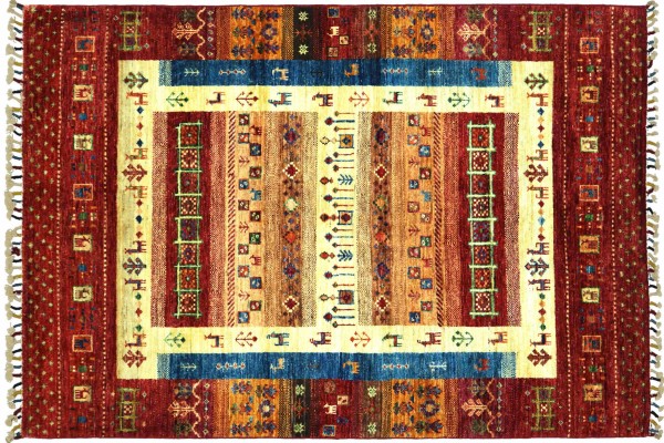 Afghan Ziegler Khorjin Tiere 147x107 Handgeknüpft Orientteppich 110x150 Rot Umrandung