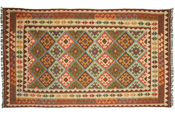 Afghan Maimana Kelim Bunt 264x160 Handgewebt Teppich 160x260 Grün Geometrisch Muster
