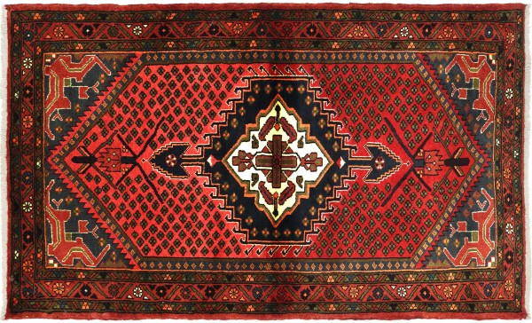 Perser Hamadan 153x104 Handgeknüpft Orientteppich 100x150 Rot Medaillon Wolle Kurzflor