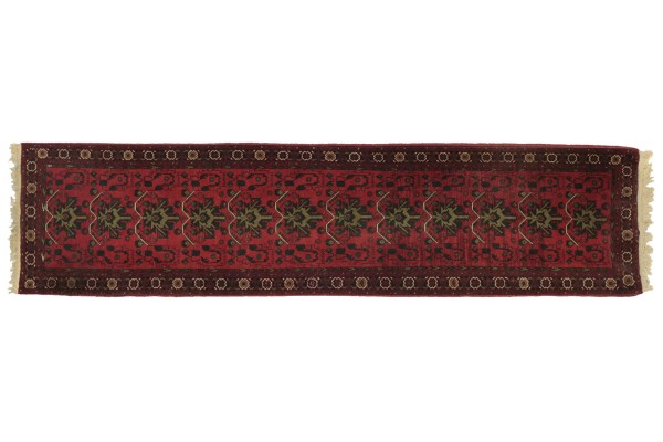 Afghan Mazar 339x80 Handgeknüpft Teppich 80x340 Läufer Rot Geometrisch Kurzflor Orient