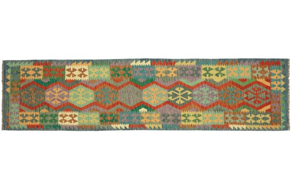 Afghan Maimana Kelim Bunt 300x83 Handgewebt Teppich 80x300 Läufer Bunt Geometrisch