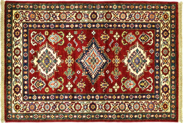 Afghan Kazak Fein 128x89 Handgeknüpft Orientteppich 90x130 Rot Umrandung Wolle Kurzflor
