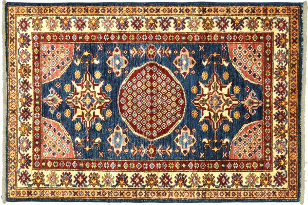Afghan Kazak Fein 118x87 Handgeknüpft Orientteppich 90x120 Blau Umrandung Wolle
