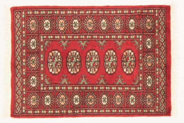 Pakistan Buchara 88x62 Handgeknüpft Teppich 60x90 Orange Geometrisch Muster Kurzflor