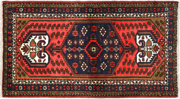 Perser Hamadan 138x84 Handgeknüpft Orientteppich 80x140 Rot Medaillon Wolle Kurzflor