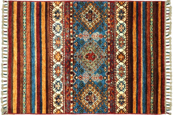 Afghan Ziegler Shaal Gestreift 117x81 Handgeknüpft Orientteppich 80x120 Blau Linien