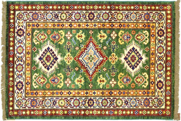 Afghan Superkazak 114x81 Handgeknüpft Orientteppich 80x110 Grün Umrandung Wolle