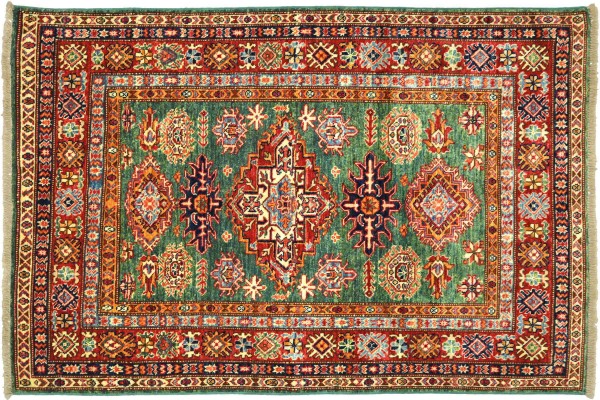 Afghan Kazak Fein 148x115 Handgeknüpft Orientteppich 120x150 grün Umrandung Wolle