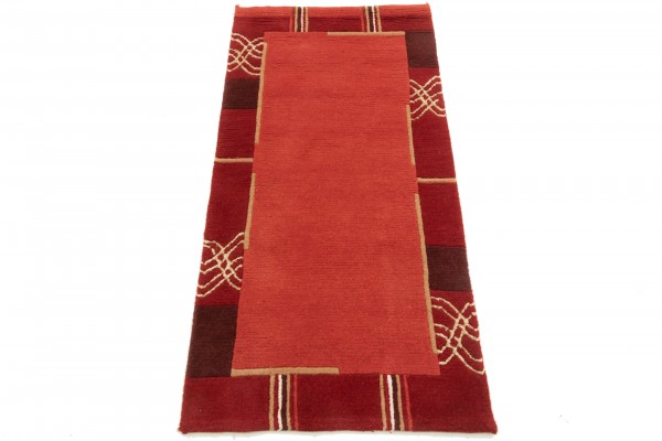 Nepal 141x77 Handgeknüpft Teppich 80x140 Rot Umrandung Kurzflor Orient Rug