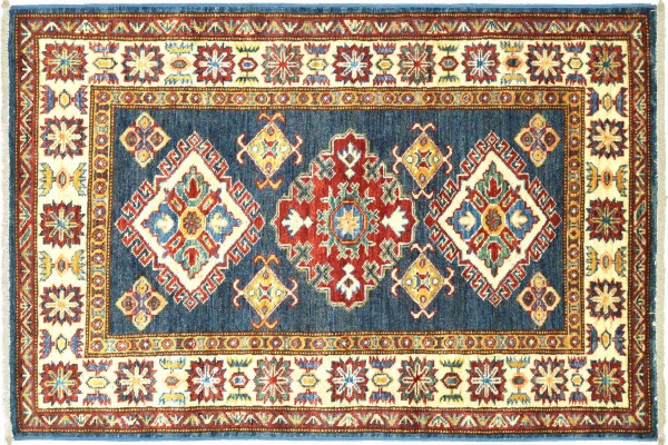 Afghan Kazak Fein 128x83 Handgeknüpft Orientteppich 80x130 Blau Umrandung Wolle