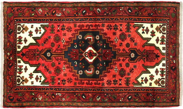 Perser Hamadan 141x95 Handgeknüpft Orientteppich 100x140 Rot Medaillon Wolle Kurzflor