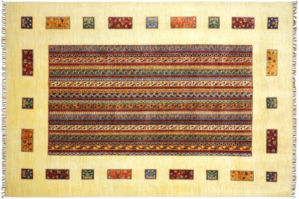 Afghan Ziegler Khorjin 300x207 Handgeknüpft Orientteppich 210x300 Beige Streifen Wolle