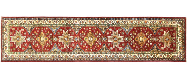 Afghan Kazak Fein 311x81 Handgeknüpft Orientteppich 80x310 Läufer Rot Blumenmuster