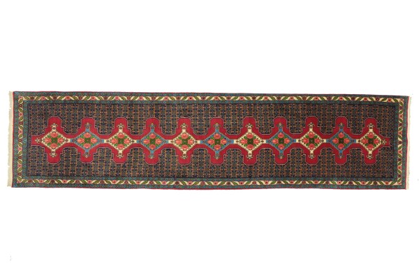 Perser Senneh-Läufer 397x95 Handgeknüpft Teppich 100x400 Läufer Rot Geometrisch