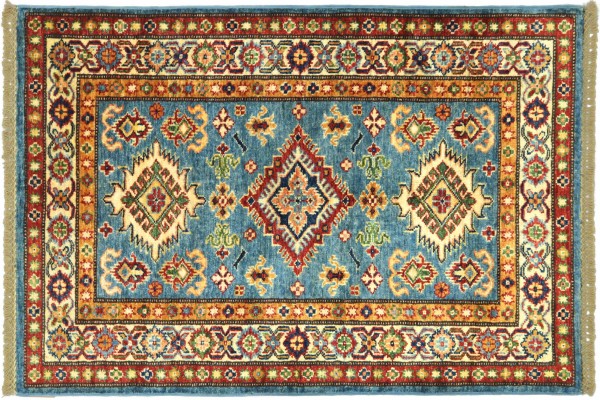 Afghan Super Kazak 123x81 Handgeknüpft Orientteppich 80x120 Blau Umrandung Wolle