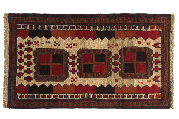 Afghan Belutsch 130x80 Handgeknüpft Teppich 80x130 Rot Geometrisch Muster Kurzflor