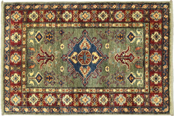 Afghan Superkazak 120x82 Handgeknüpft Orientteppich 80x120 Graugrün Umrandung Wolle