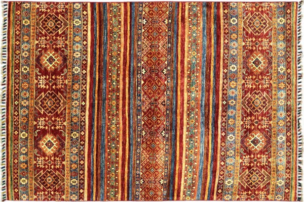 Afghan Ziegler Khorjin 205x153 Handgeknüpft Orientteppich 150x210 Rot Streifen Wolle
