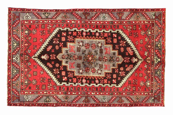 Perser Hamadan 198x143 Handgeknüpft Teppich 140x200 Rot Geometrisch Muster Kurzflor