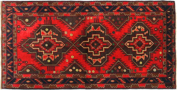 Afghan Belutsch Baluch 200x112 Handgeknüpft Orientteppich 110x200 Rot Durchgemustert