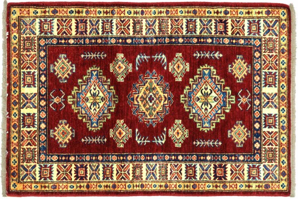 Afghan Kazak Fein 121x76 Handgeknüpft Orientteppich 80x120 Rot Umrandung Wolle Kurzflor