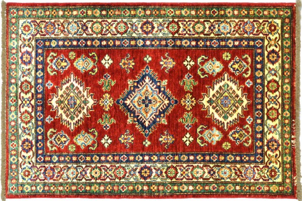 Afghan Kazak Fein 117x79 Handgeknüpft Orientteppich 80x120 Rot Umrandung Wolle Kurzflor