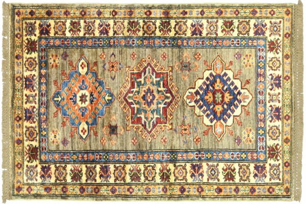 Afghan Superkazak 123x79 Handgeknüpft Orientteppich 80x120 Beige Umrandung Wolle