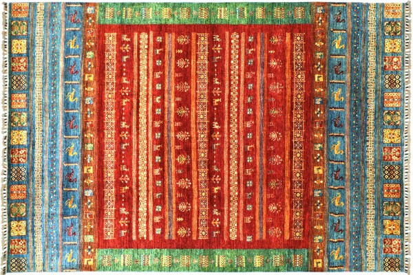 Afghan Ziegler Khorjin Tiere 296x207 Handgeknüpft Orientteppich 210x300 Rot Streifen