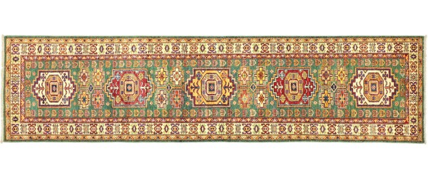 Afghan Kazak Fein 306x79 Handgeknüpft Orientteppich 80x310 Läufer Grün Geometrisch