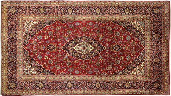 Perser Keshan 370x237 Handgeknüpft Orientteppich 240x370 Rot Medaillon Wolle Kurzflor