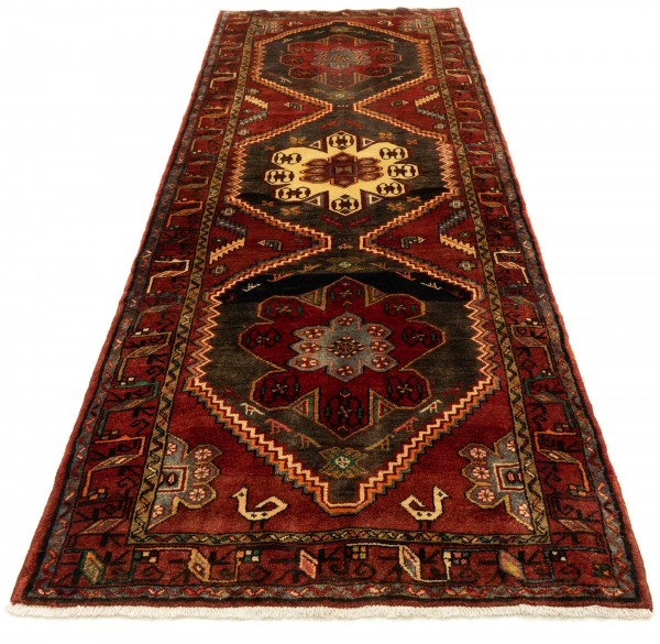 Perser Hamadan 320x127 Handgeknüpft Teppich 130x320 Läufer Mehrfarbig Geometrisch