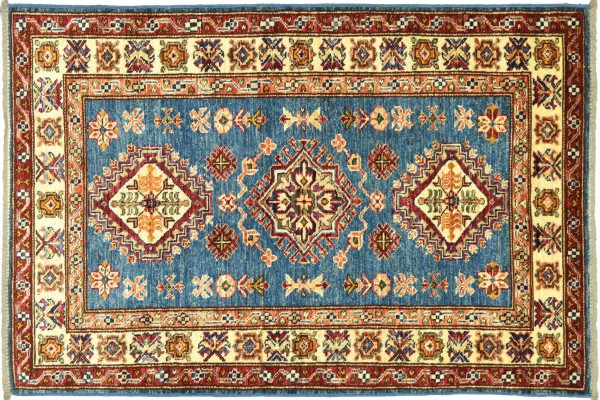 Afghan Kazak Fein 131x85 Handgeknüpft Orientteppich 90x130 Blau Umrandung Wolle