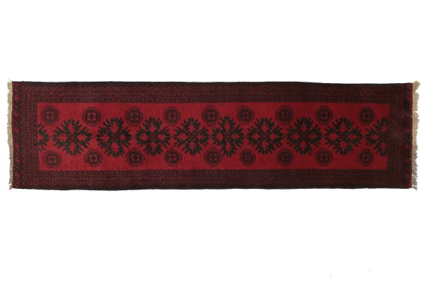 Afghan Aqcha 275x82 Handgeknüpft Teppich 80x280 Läufer Rot Geometrisch Kurzflor Orient