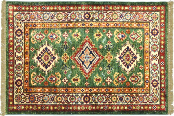 Afghan Super Kazak 124x82 Handgeknüpft Orientteppich 80x120 Grün Umrandung Wolle