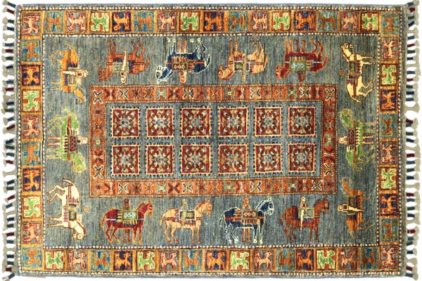 Afghan Ziegler Khorjin Pferde 125x81 Handgeknüpft Orientteppich 80x130 Grau Tiere Wolle