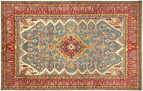 Afghan Kazak Fein Tiere 369x263 Handgeknüpft Orientteppich 260x370 Blau Geometrisch