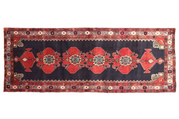 Perser Hamadan 304x108 Handgeknüpft Teppich 110x300 Läufer Rot Geometrisch Muster