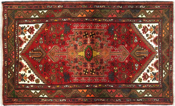 Perser Hamadan 150x100 Handgeknüpft Orientteppich 100x150 Rot Medaillon Wolle Kurzflor