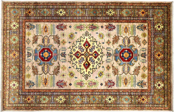Afghan Kazak Fein 203x147 Handgeknüpft Orientteppich 150x200 Beige Geometrisch Wolle