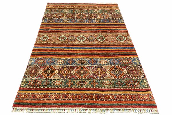 Afghan Ziegler Khorjin 214x154 Handgeknüpft Orientteppich 150x210 Rot Streifen Wolle