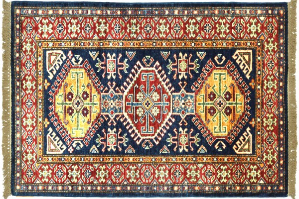 Afghan Superkazak 129x78 Handgeknüpft Orientteppich 80x130 Schwarz Umrandung Wolle