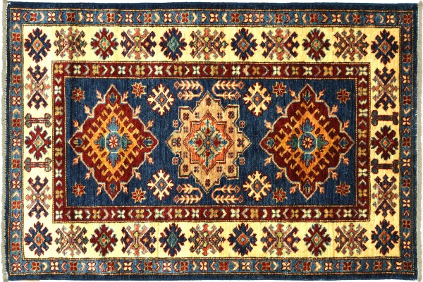 Afghan Kazak Fein 129x83 Handgeknüpft Orientteppich 80x130 Blau Umrandung Wolle