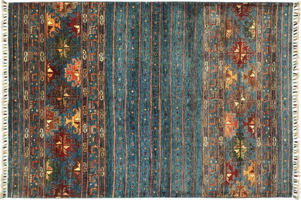 Afghan Ziegler Khorjin Tiere 209x157 Handgeknüpft Orientteppich 160x210 Blau Streifen